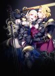  1girl armor black_gloves black_panties blonde_hair boots breasts brooch circlet cleavage curly_hair female_my_unit_(fire_emblem_if) fire_emblem fire_emblem_if gauntlets gloves hair_between_eyes hairband hand_in_panties hand_on_another's_neck hetero highleg highleg_panties highres holding holding_sword holding_weapon jewelry leaning_on_person leg_up long_hair marks_(fire_emblem_if) medium_breasts my_unit_(fire_emblem_if) negiwo open_mouth panties pauldrons pointy_ears red_eyes short_hair smile standing standing_on_one_leg sword thigh_boots thighhighs underwear weapon 