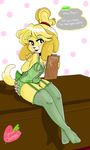  2015 animal_crossing anthro bell blush canine cleavage clothed clothing collar dialogue dog english_text female green_eyes isabelle_(animal_crossing) legwear lingerie mammal nintendo pencil slipboard solo spacestrawberry stockings text video_games 