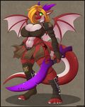  2015 anthro areola armor big_breasts breasts bulge cleavage clothed clothing dickgirl dragon erect_nipples hair horn intersex melee_weapon navel nipple_bulge nipple_slip nipples ryla solo sword thick_thighs unconvincing_armor voluptuous weapon wide_hips wings wyntersun 