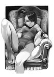  armchair bangle bangs bare_legs bare_shoulders barefoot bracelet breasts chair cushion feet feet_on_chair futami_ami greyscale hair_ornament highres idolmaster idolmaster_(classic) jewelry knee_up kousaku leotard looking_at_viewer monochrome reclining short_hair short_ponytail side_ponytail sitting small_breasts smile smug solo swept_bangs toes 