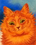  ambiguous_gender cat feline fluffy fur green_eyes headshot_portrait inner_ear_fluff license_info louis_wain low_res mammal orange_fur portrait public_domain signature simple_background smirk solo traditional_media_(artwork) whiskers 