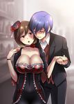  1girl :o blue_hair breasts brown_eyes brown_hair caffein choker cleavage closed_eyes formal highres kaito large_breasts lorelei_(module) meiko navel project_diva_(series) project_diva_extend short_hair vocaloid 