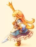  armor armored_dress blonde_hair blue_dress blue_eyes charlotta_fenia crown dress feral_lemma frilled_dress frills gauntlets granblue_fantasy highres holding holding_sword holding_weapon long_hair pointy_ears profile solo standing sword weapon 