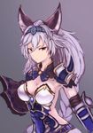 animal_ears armor breasts cat_ears cleavage erune gradient gradient_background granblue_fantasy hair_intakes hairband heles large_breasts long_hair purple_background ryuinu shoulder_pads silver_hair solo spikes upper_body yellow_eyes 