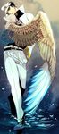  belt feathered_wings feathers full_body hand_in_pocket hat jacket jojo_no_kimyou_na_bouken kuujou_joutarou male_focus solo tsuruko_turuta turtleneck wading water wings 