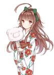  ahoge bow brown_eyes brown_hair closed_mouth commentary_request green_bow hair_bow japanese_clothes kantai_collection kimono kuma_(kantai_collection) long_hair long_sleeves smile solo wataame27 wide_sleeves yukata 