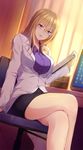  blonde_hair chair clipboard crossed_legs glasses holding long_hair looking_at_viewer monitor office_chair original pencil_skirt sakusaku sitting skirt solo window 