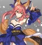  :&gt; animal_ears bare_shoulders bow breasts chocoan cleavage collarbone detached_sleeves fate/extra fate_(series) fox_ears fox_shadow_puppet fox_tail gold_trim grey_background hair_bow hair_ribbon japanese_clothes large_breasts long_hair looking_at_viewer md5_mismatch multiple_tails pink_hair ribbon simple_background solo tail tamamo_(fate)_(all) tamamo_no_mae_(fate) twintails yellow_eyes 