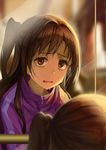  bags_under_eyes brown_eyes brown_hair commentary idolmaster idolmaster_cinderella_girls jacket long_hair mirror odibil one_side_up open_mouth reflection shimamura_uzuki solo sweat tired track_jacket wavy_mouth 
