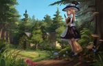  apron black_dress blonde_hair blue_sky bow braid broom dappled_sunlight day dress forest forest_of_magic fungus grass hair_bow hat hat_bow holding holding_broom house kirisame_marisa long_hair looking_afar looking_back mary_janes moss mushroom nature overgrown path road sebastian_(artist) shoes short_sleeves signature single_braid sky sleeveless sleeveless_dress smile solo standing sunlight touhou white_legwear witch_hat yellow_background 