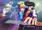  adelie_(space_dandy) alien arm_around_waist black_hair black_legwear blonde_hair breasts comb commentary_request dandy_(space_dandy) eyebrows green_eyes jacket lens_flare letterman_jacket medium_breasts meow_(space_dandy) older omochi_(marblefrog) pinky_out pompadour space space_dandy upside-down 