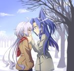  bare_tree blue_hair blurry blush coat commentary day depth_of_field hand_on_another's_face hands_in_pockets hands_on_another's_cheeks hands_on_another's_face highres kazanari_tsubasa long_hair multiple_girls outdoors puffy_cheeks purple_hair rate_rapiku scarf senki_zesshou_symphogear smile snow tree winter yukine_chris 