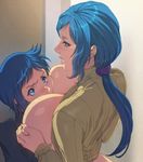  1girl blue_hair breast_smother breasts clothes_lift eye_contact green_eyes gundam gundam_build_fighters highres homare_(fool's_art) incest iori_rinko iori_sei large_breasts lips long_hair looking_at_another low_ponytail mature mother_and_son nail_polish ponytail ribbed_sweater school_uniform shiny shiny_hair shiny_skin short_hair sweater sweater_lift turtleneck 
