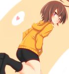  afushiru_wa_kugi ahoge ass bike_shorts boots brown_hair from_behind hands_in_pockets heart hood hood_down hoodie huge_ahoge linne looking_back orange_shirt purple_eyes shirt short_hair smile solo spoken_heart under_night_in-birth 