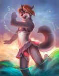 2015 anthro bikini brown_eyes brown_hair bulge canine cheetahpaws clothed clothing crossdressing fur girly grey_fur hair male mammal open_mouth outside skirt smile solo swimsuit tongue water white_fur wolf 