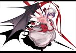  ascot bad_id bad_pixiv_id bat_wings blue_hair boots fingernails grin hat highres knee_boots letterboxed looking_at_viewer outstretched_hand polearm red_eyes remilia_scarlet rerrere shadow sharp_fingernails short_hair smile solo spear touhou weapon wings 