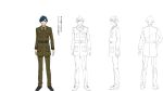  &gt;:( 1boy ahoge bangs belt black_footwear blue_eyes blue_hair character_sheet eyebrows_visible_through_hair from_behind frown full_body hand_on_hip highres kyoudou_granbird lineart majiro_(mazurka) male_focus military military_uniform monochrome multiple_views necktie official_art senjuushi:_the_thousand_noble_musketeers short_hair standing swept_bangs translation_request transparent_background turnaround uniform 
