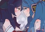  2girls ahri animal_ears animated animated_gif artist_request blue_eyes blue_hair close_eyes eyes_closed fox_ears gif hair_ornament kiss league_of_legends long_hair multiple_girls smile sona_buvelle twintails yellow_eyes yuri 