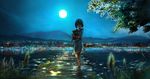  1girl animal barefoot blurry cat city city_lights cityscape dark dock dress full_moon grass highres holding holding_animal looking_at_viewer moon moonlight mountain night original reflection scenery short_hair sky smile solo tree wading water white_dress 