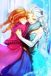 anna_(frozen) blonde_hair braid closed_eyes elsa_(frozen) frozen_(disney) hug multiple_girls nana_(nanalog76) orange_hair siblings single_braid sisters twin_braids 
