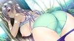  1girl against_tree ane_yome_concerto ass ayase_hazuki bent_over blue_eyes blurry blush bra bra_lift breasts breasts_outside buruma buruma_pull candysoft crotch depth_of_field dutch_angle female from_behind game_cg green_panties hair_ornament hairpin hime_cut invitation large_breasts long_hair looking_at_viewer looking_back nature nipples outdoors panties pov_ass presenting puffy_nipples shirt_lift silver_hair solo standing sweat sylvie_yaburonya_hidaka thigh_gap tree underwear 