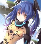  black_bodysuit blue_hair blush bodysuit breasts doyagao headgear long_hair looking_at_viewer phantasy_star phantasy_star_online_2 quna_(pso2) small_breasts smile solo troll_face twintails upper_body xayux yellow_bodysuit yellow_eyes zelsius 