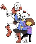  2boys androgynous armor blush_stickers boots brothers brown_hair closed_eyes frisk_(undertale) height_difference hood hoodie inkerton-kun multiple_boys papyrus_(undertale) parody sans shirt siblings skeleton slippers smile striped striped_shirt undertale yellow_skin yotsubato! yotsubato!_pose 