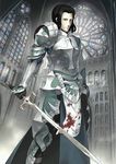  armor black_eyes black_hair blood bloody_clothes caster_(fate/zero) church cross fate/grand_order fate_(series) gilles_de_rais_(fate/grand_order) holding holding_sword holding_weapon looking_at_viewer male_focus official_art resized shinjirou solo sword upscaled waifu2x weapon 