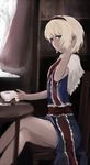  alice_margatroid bad_id bad_pixiv_id blonde_hair blue_dress blue_eyes capelet chair crossed_legs cup dress dyolf hairband hand_in_hair hips indoors legs looking_at_viewer looking_to_the_side muted_color parted_lips revision ribbon short_hair sitting solo table tea thighs touhou tree wall window 