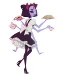  anthro arachnid arthropod black_hair clothing croissant doughnut dress fangs female food hair hair_bow looking_back maid_uniform muffet multi_limb multiple_eyes noseless oeilvert plate smile solo spider tea_cup tea_pot undertale 