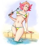  amanda_o'neill bikini bikini_pull breasts green_eyes little_witch_academia little_witch_academia:the_enchanted_parade medium_breasts navel pink_hair short_hair solo spacedust swimsuit wand 