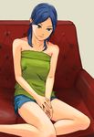  1girl bangs blue_eyes blue_hair blue_shorts chair collarbone green_shirt hands_together long_hair parted_bangs shirt shorts simple_background sitting smile solvalou strapless 