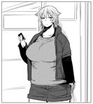  :o breasts cellphone fuchibeppu_chiyuri fukumaaya greyscale hair_flaps half-closed_eyes huge_breasts jacket jitome monochrome original phone plump shorts smartphone solo sweater undershirt 