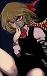  ascot black_vest blonde_hair commentary_request dress fangs fingers_to_mouth ginji_(sakaki_summer) hair_ribbon hand_to_own_mouth long_sleeves looking_at_viewer red_eyes ribbon rumia sharp_teeth short_hair solo teeth thighs tongue touhou vest 