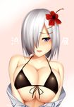  bikini black_bikini blue_eyes blush breast_press breast_squeeze breasts character_name cleavage hair_over_one_eye hamakaze_(kantai_collection) highres huge_breasts japanese_clothes kantai_collection kimono large_breasts looking_away nipples open_mouth short_hair simple_background solo swimsuit tony_guisado translated white_hair yukata 