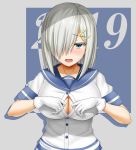  1girl 2019 absurdres abukobato blue_eyes blush breasts bursting_breasts collarbone gloves hair_ornament hair_over_one_eye hairclip hamakaze_(kantai_collection) hands_on_own_chest highres kantai_collection large_breasts long_sleeves looking_at_viewer open_mouth school_uniform serafuku shirt short_hair short_sleeves silver_hair solo white_gloves white_shirt 