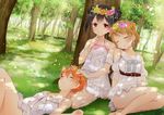  bare_legs bare_shoulders barefoot black_hair bracelet brown_hair closed_eyes dappled_sunlight dress earrings finger_to_mouth flower forest grass hair_flower hair_ornament hand_on_another's_head hazuki_natsu highres hoshizora_rin jewelry koizumi_hanayo lap_pillow looking_at_viewer love_live! love_live!_school_idol_project lying multiple_girls nature on_back red_hair short_hair sitting sleeping smile sunlight tree_shade twintails white_dress yazawa_nico 