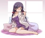  bare_legs barefoot bed_sheet blue_eyes blush bow breasts cleavage commentary_request fever hair_bow hood hood_down hooded_jacket jacket large_breasts love_live! love_live!_school_idol_project nightgown pillow purple_hair shipii_(jigglypuff) sitting solo sweat thermometer toujou_nozomi twintails wariza 