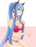  animal_ears aoki_hagane_no_arpeggio bikini blue_eyes blue_hair bluefield breasts cat_ears choker cleavage fake_animal_ears large_breasts light_smile long_hair looking_at_viewer midriff navel paw_pose ponytail sidelocks simple_background solo swimsuit takao_(aoki_hagane_no_arpeggio) tsurime two-tone_background 