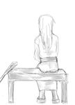  bench comic crutch from_behind gentletiger geta greyscale japanese_clothes kantai_collection long_hair monochrome no_legwear sandals simple_background solo table white_background zuikaku_(kantai_collection) 