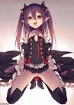  bare_shoulders black_dress boots detached_sleeves dress dress_lift fang flat_chest krul_tepes kyuri_tizu long_hair no_panties owari_no_seraph pale_skin pink_hair pointy_ears pussy red_eyes solo thigh_boots thighhighs 