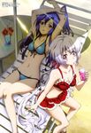  absurdres artist_request beach bikini blue_hair blue_hawaii chair cup drink drinking drinking_glass drinking_straw frilled_bikini frills front-tie_top highres kazanari_tsubasa long_hair lounge_chair megami multiple_girls official_art sandals senki_zesshou_symphogear side-tie_bikini swimsuit tropical_drink yukine_chris 