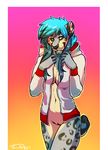  2015 anthro clothing cyan_hair fangs feline female hoodie mammal pussy rokemi saber-toothed_cat smile solo spots 