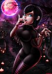  1girl black_hair blue_eyes breasts candle dress gloves grave halloween hotel_transylvania lipstick mavis_dracula moon nails night open_mouth pantyhose piercing saliva shadman short_hair spandex teeth tongue vampire 