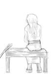  bench comic crutch from_behind gentletiger geta greyscale japanese_clothes kantai_collection long_hair monochrome older simple_background sitting sketch solo white_background zuikaku_(kantai_collection) 