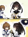  2koma :d akizuki_(kantai_collection) annin_musou bad_id bad_twitter_id bandaid bandaid_on_face black_hair brown_hair closed_mouth comic commentary_request crab crab_on_head doughnut eighth_note flying_sweatdrops food gloves humming kantai_collection multiple_girls musical_note oboro_(kantai_collection) open_mouth pleated_skirt pon_de_ring school_uniform serafuku short_hair short_sleeves skirt smile translated 