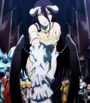  1girl albedo bare_shoulders black_hair breasts cleavage closed_mouth demon demon_girl dress female gloves happy highres hip_vent horns large_breasts long_hair looking_at_viewer overlord_(maruyama) screencap solo stitched succubus yellow_eyes 