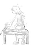  bench comic crutch flying_sweatdrops from_behind gentletiger geta greyscale japanese_clothes kantai_collection long_hair monochrome no_legwear open_mouth sandals simple_background sitting solo surprised sweat sweatdrop table white_background zuikaku_(kantai_collection) 