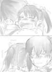  =_= blush close-up comic crying gentletiger greyscale hair_ribbon japanese_clothes kaga_(kantai_collection) kantai_collection long_hair monochrome motion_lines multiple_girls open_mouth ribbon side_ponytail simple_background teardrop tears trembling twintails upper_body white_background zuikaku_(kantai_collection) 