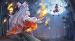  bamboo bamboo_forest battle black_hair chen_bin detached_sleeves duel fighting fire floating flying forest from_behind from_below fujiwara_no_mokou full_body full_moon gohei hair_ornament hair_ribbon hair_tubes hakurei_reimu highres japanese_clothes juliet_sleeves long_hair long_sleeves miko moon multiple_girls nature orb pants puffy_sleeves red_pants ribbon shide shirt silver_hair skirt skirt_set standing touhou very_long_hair wide_sleeves yin_yang 